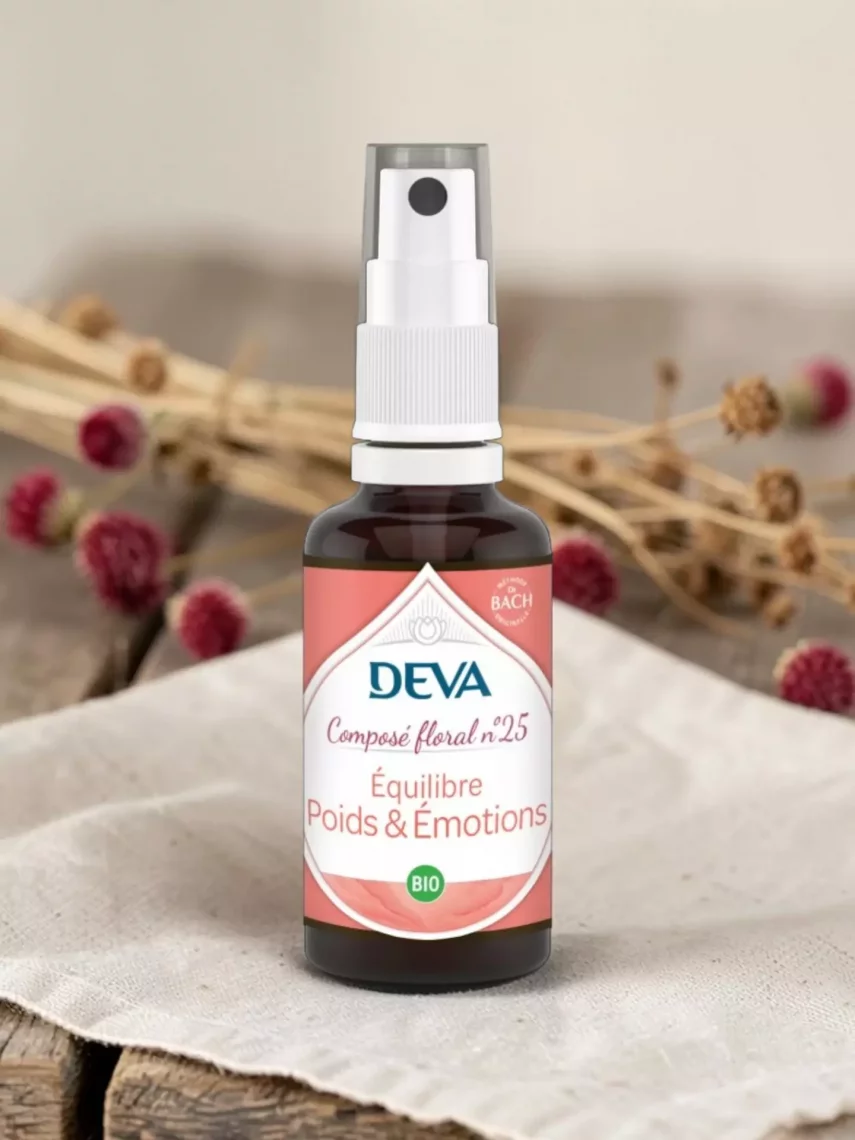 Compos&eacute; floral DEVA Poids et &Eacute;motions, Fleurs de Bach pour g&eacute;rer les &eacute;motions et le r&eacute;&eacute;quilibrage alimentaire