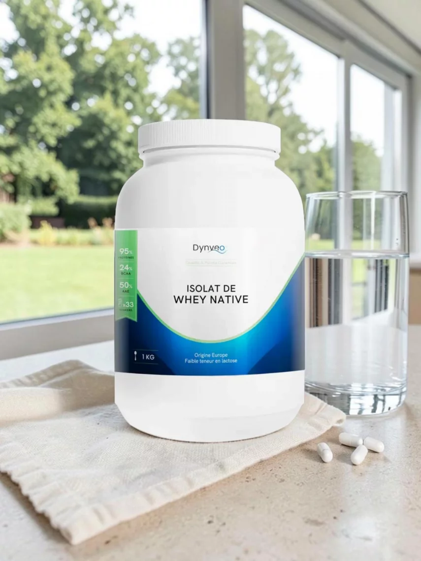 Whey native isolate 95 % de prot&eacute;ines, lait de p&acirc;turages europ&eacute;ens, masse musculaire et r&eacute;cup&eacute;ration, Dynveo 1 kg