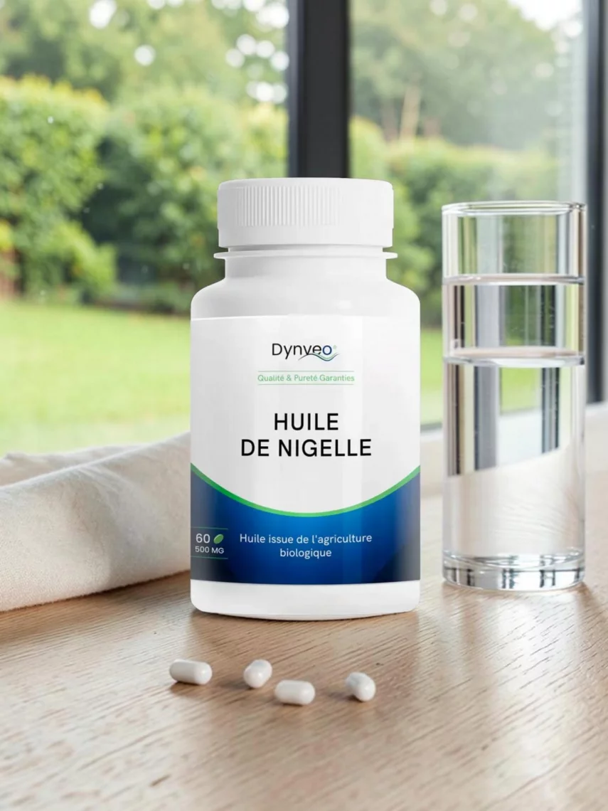 Huile de nigelle bio en capsules, cumin noir titr&eacute; &agrave; 3 % de thymoquinone, confort saisonnier et d&eacute;fenses, Dynveo 60 capsules