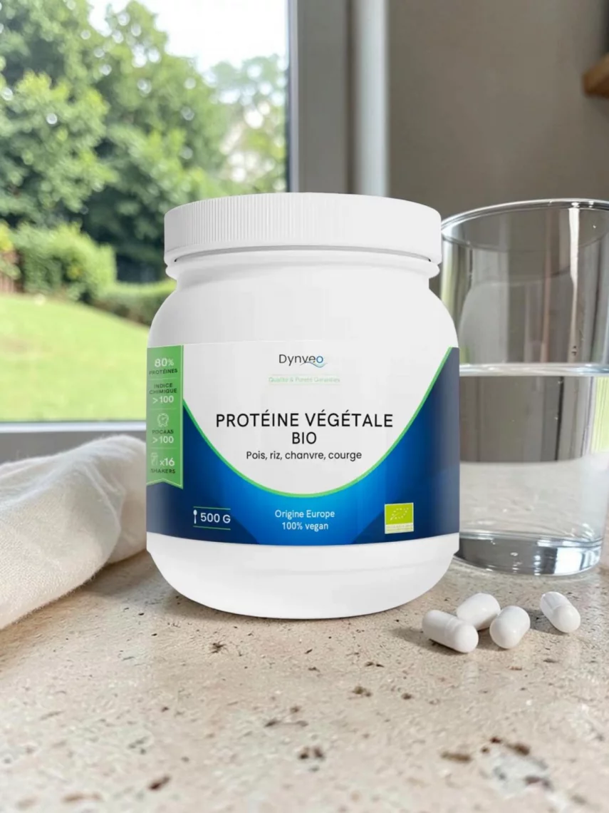 Prot&eacute;ines v&eacute;g&eacute;tales bio pois, riz, courge et chanvre, 80 % de prot&eacute;ines, masse musculaire, vegan, Dynveo 500 g