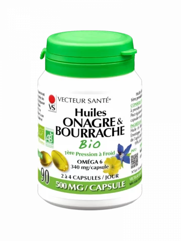 Huile dOnagre & Bourrache bio  Oméga-6 & peau  90 capsules  Vecteur Santé