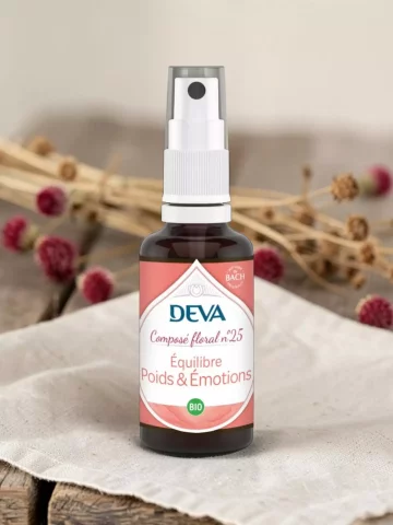 Compos&eacute; floral DEVA Poids et &Eacute;motions, Fleurs de Bach pour g&eacute;rer les &eacute;motions et le r&eacute;&eacute;quilibrage alimentaire
